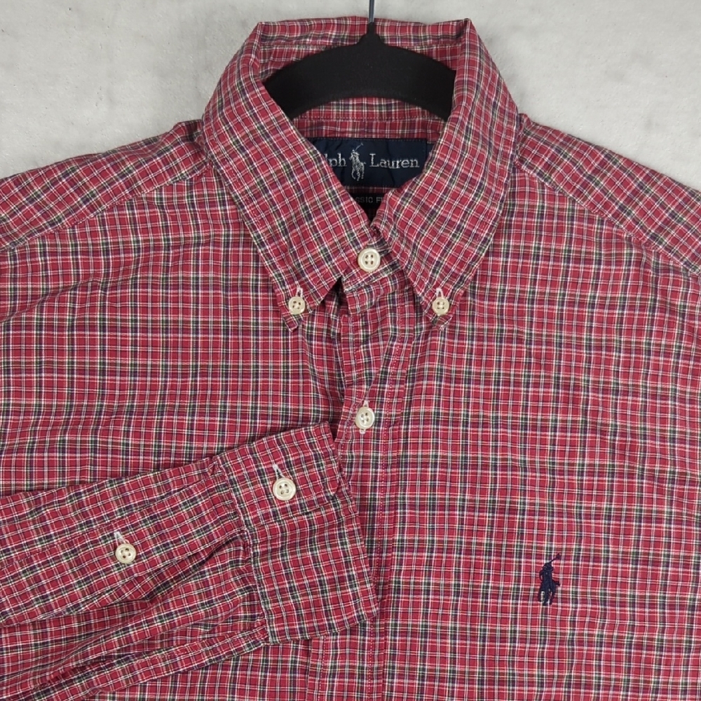 Ralph Lauren Red Plaid Holiday‎ Fall Long Sleeve Button Down Navy Pony Men's Sm